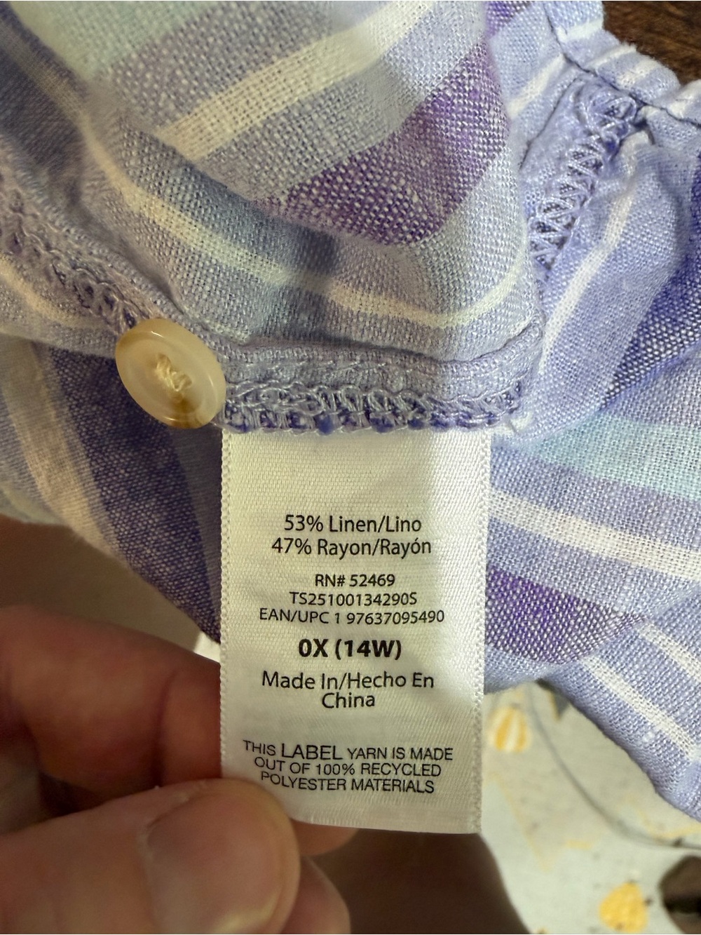 Terry & Sky Linen Blend Lavender Stripe Button-Up Shirt. - Picture 5 of 6